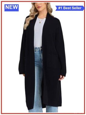 100% Merino Wool Long Cardigan Open Front Sweater for Women